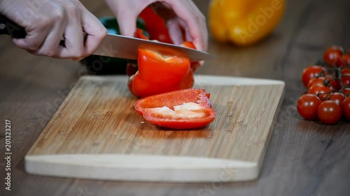 Cut red peppers prepared food. photo