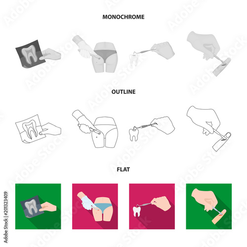 Anesthetic injection, dental instrument, hand manipulation, tooth cleaning and other web icon in flat,outline,monochrome style.bactericidal plaster, medicine icons in set collection.