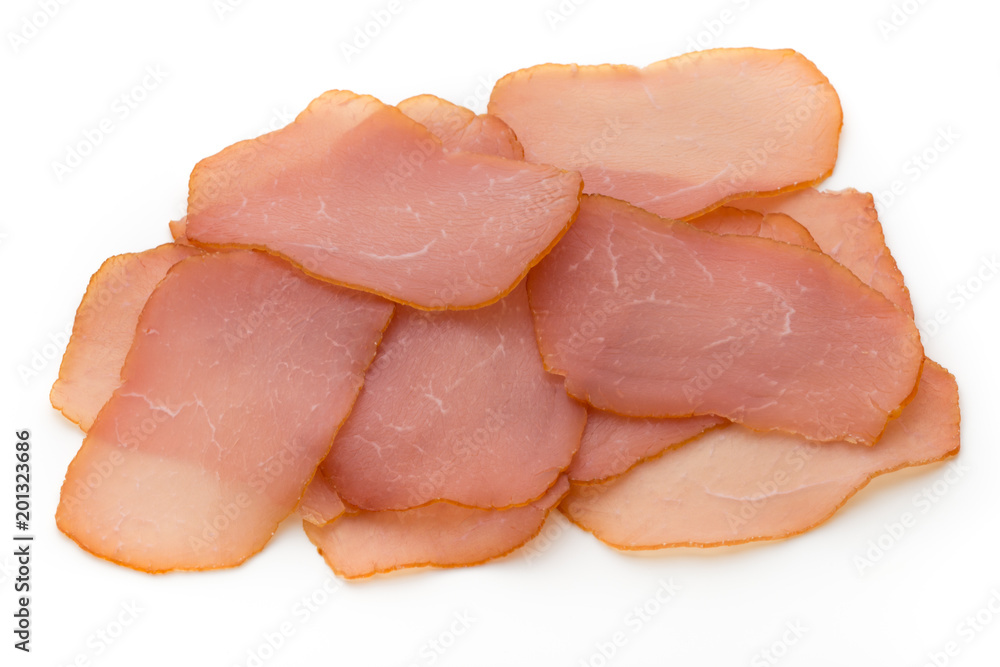 Sliced boiled ham sausage isolated on white background, top view. Sliced boiled ham sausage isolated on white background, top view.
