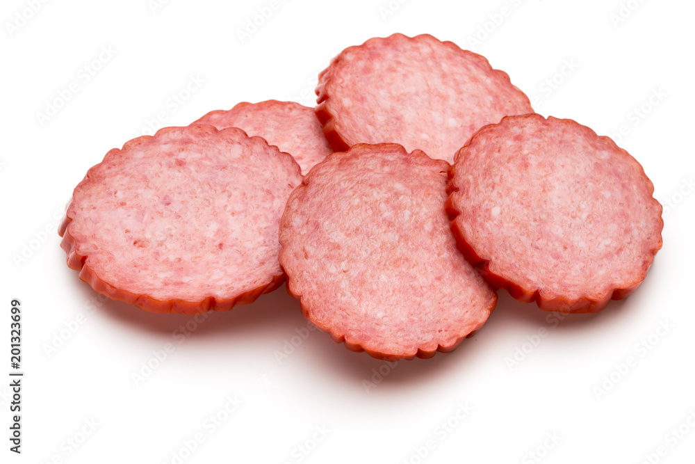 Slices of salami. Isolated on a white background. Slices of salami. Isolated on a white background.