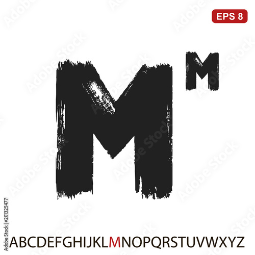 Black capital handwritten vector letter "M" on a white background. Drawn by semi-dry brush with unpainted areas.