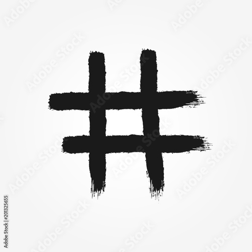Hashtag symbol drawn by hand with rough brush. Isolated icon, sign, logo. Grunge, graffiti, sketch, watercolor, paint.