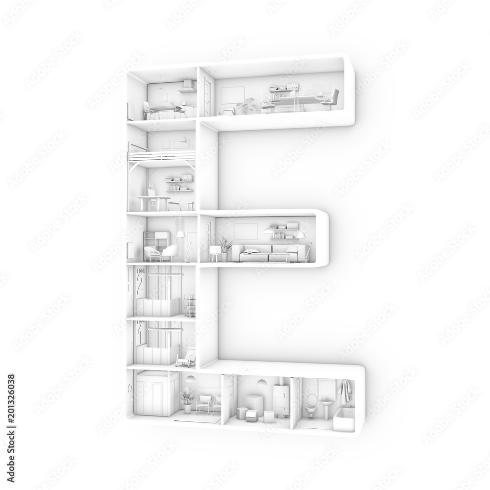 Black and white interior of a construction in shape of letter Black and white interior of a construction in shape of letter
