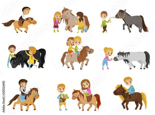 Funny little kids riding ponies and taking care of their horses set, equestrian sport, vector Illustrations