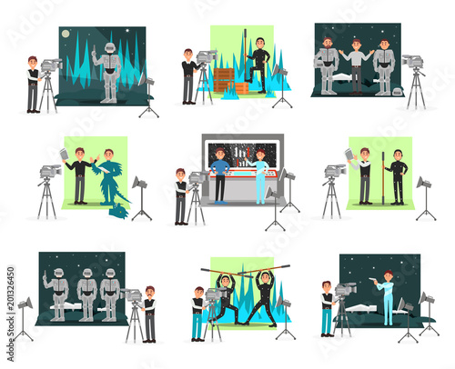 Movie making set, operators and cinematograph people, vector Illustrations isolated
