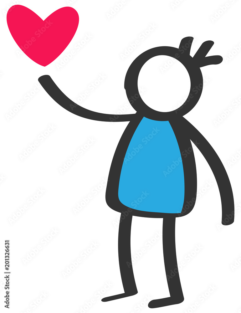 Simple stick figure boy in blue shirt giving love red heart isolated on white background, Mother's Day Simple stick figure boy in blue shirt giving love red heart isolated on white background, Mother's Day