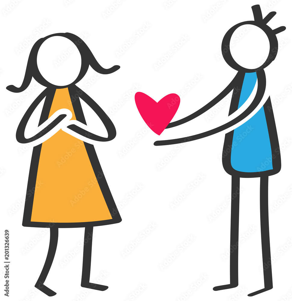 Vettoriale Stock Simple stick figure man giving love red heart to woman ...