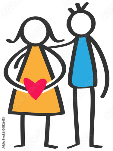 Simple colorful stick figures happy couple, man, pregnant woman with red heart isolated on white background