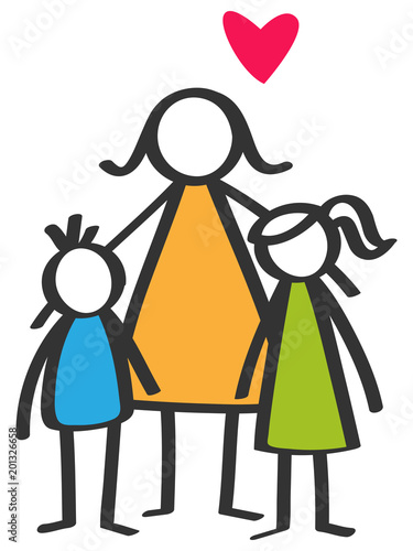 Simple colorful stick figures single parent, mother, son, daughter, children isolated on white background