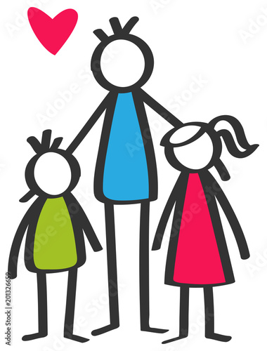 Simple colorful stick figures single parent, father, son, daughter, children isolated on white background with red heart