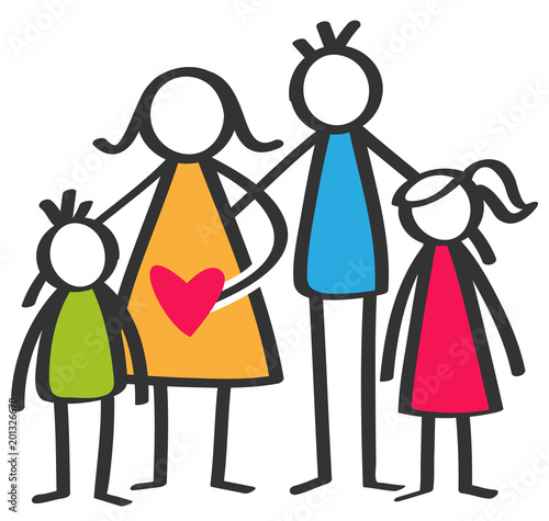 Simple colorful stick figures happy family, mother, father, son, daughter, children isolated on white background with red heart