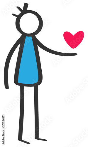 Simple colorful stick figure man giving red heart, declaration of love, dating, Valentine's Day isolated on white background