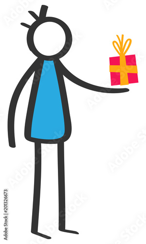 Simple colorful stick figure man giving gift box, birthday present isolated on white background