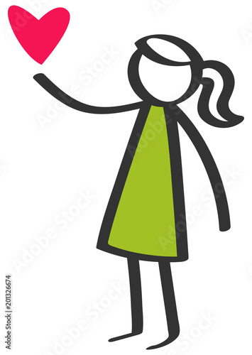 Simple colorful stick figure young girl in green dress giving love red heart isolated on white background