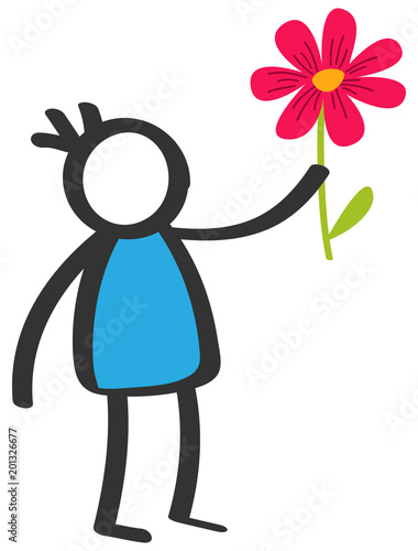 Simple colorful stick figure boy giving flower, love, Mother's Day, little kid with blue shirt