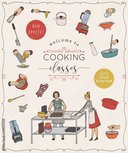 Cooking classes.Design template with people preparing meals and kitchen utensils and appliances. Isolated elements on white background. Vector illustration in sketch style 