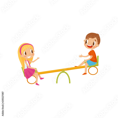 Boy and girl riding on seesaw, kids on a playground vector Illustration on a white background