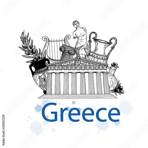 Set of hand drawn sketch style Greek themed isolated objects. Vector illustration.