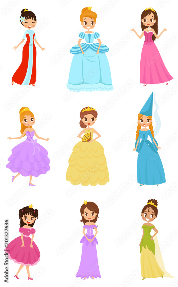 Cute little princess girls set, beautiful little girls in princess dresses vector Illustrations on a white background