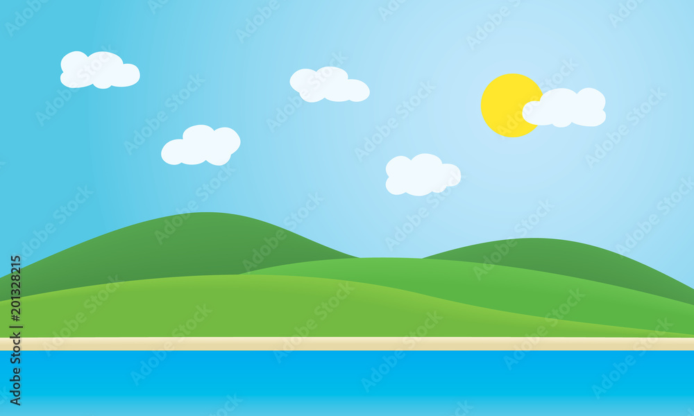Sea with coast, beaches and green hills under summer blue sky with clouds and sun - with space for your text, suitable as advertising for travel or vacation