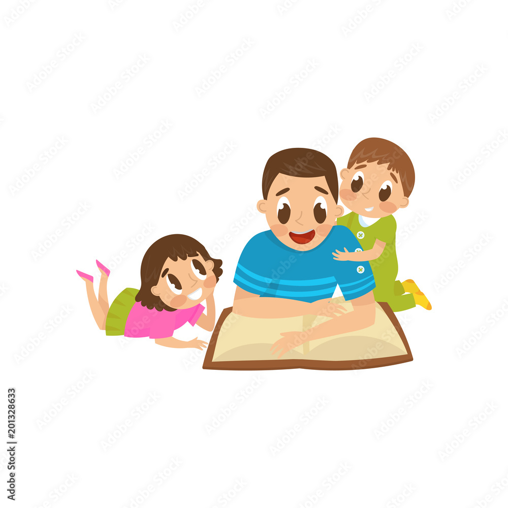 Dad reading a book to his son and daughter, family, early development concept vector Illustration on a white background