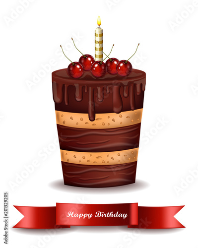 Happy Brithday cake Vector. Chocolate cake with cherry on top