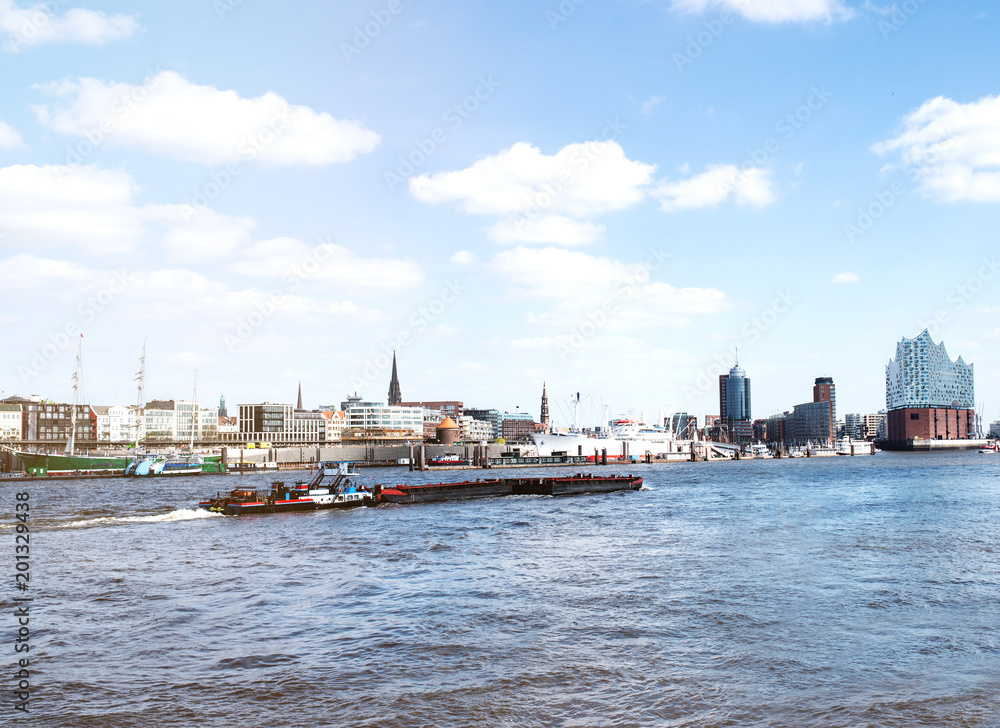 Hamburg harbor waterfront at Elbe river on sunny day