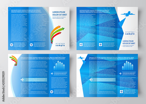 airplane transportation brochure design template vector tri-fold blue set