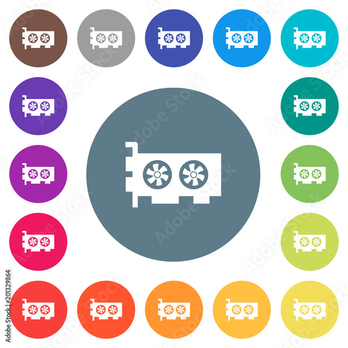 Computer video card flat white icons on round color backgrounds