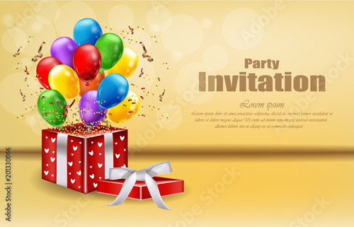 Party invitation card with gifts and balloons Vector. celebrate events banner...