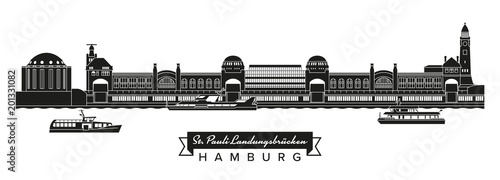 Sankt Pauli Landungsbrücken, Alter Elbtunnel und Touristenfähren, Silhouette mit Banner