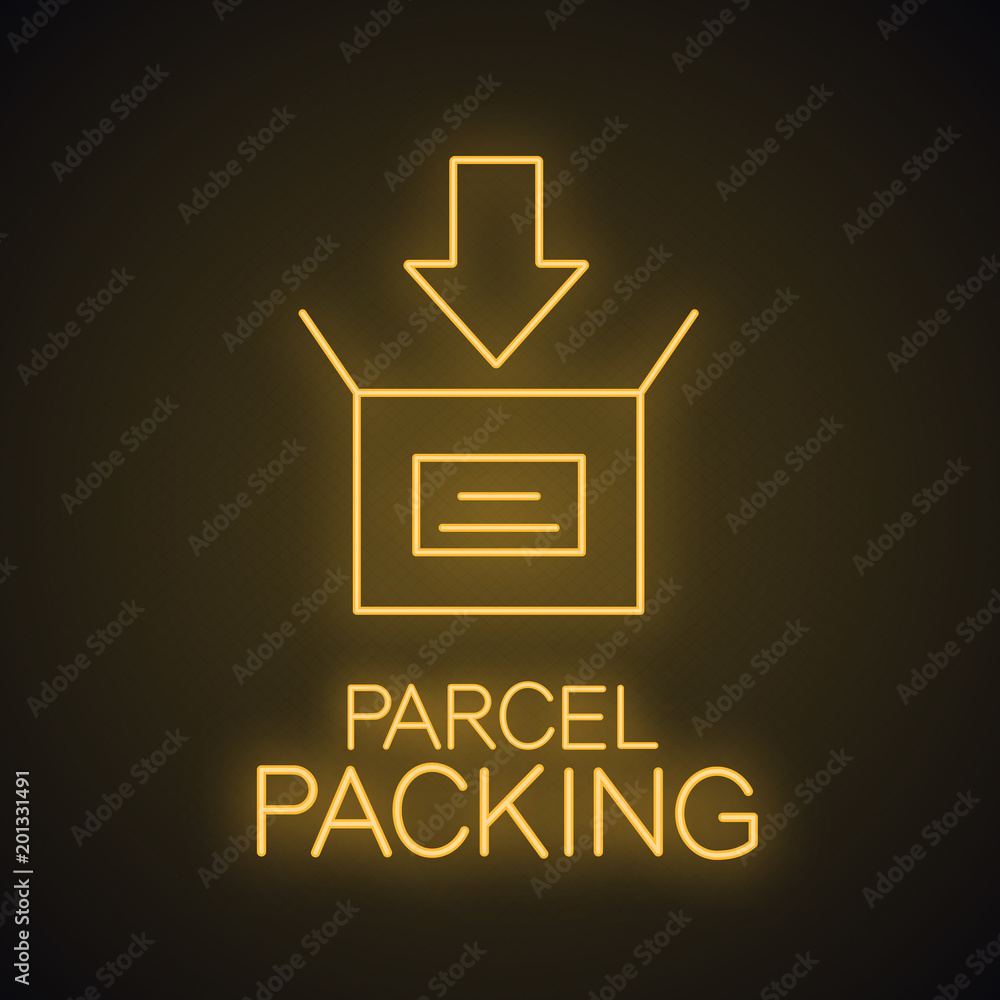 Parcel packing neon light icon Parcel packing neon light icon