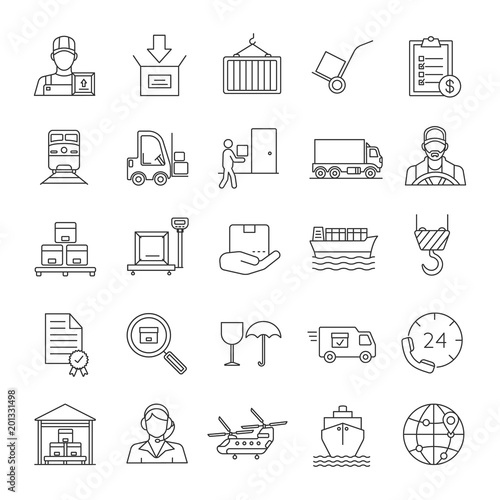 Cargo shipping linear icons set