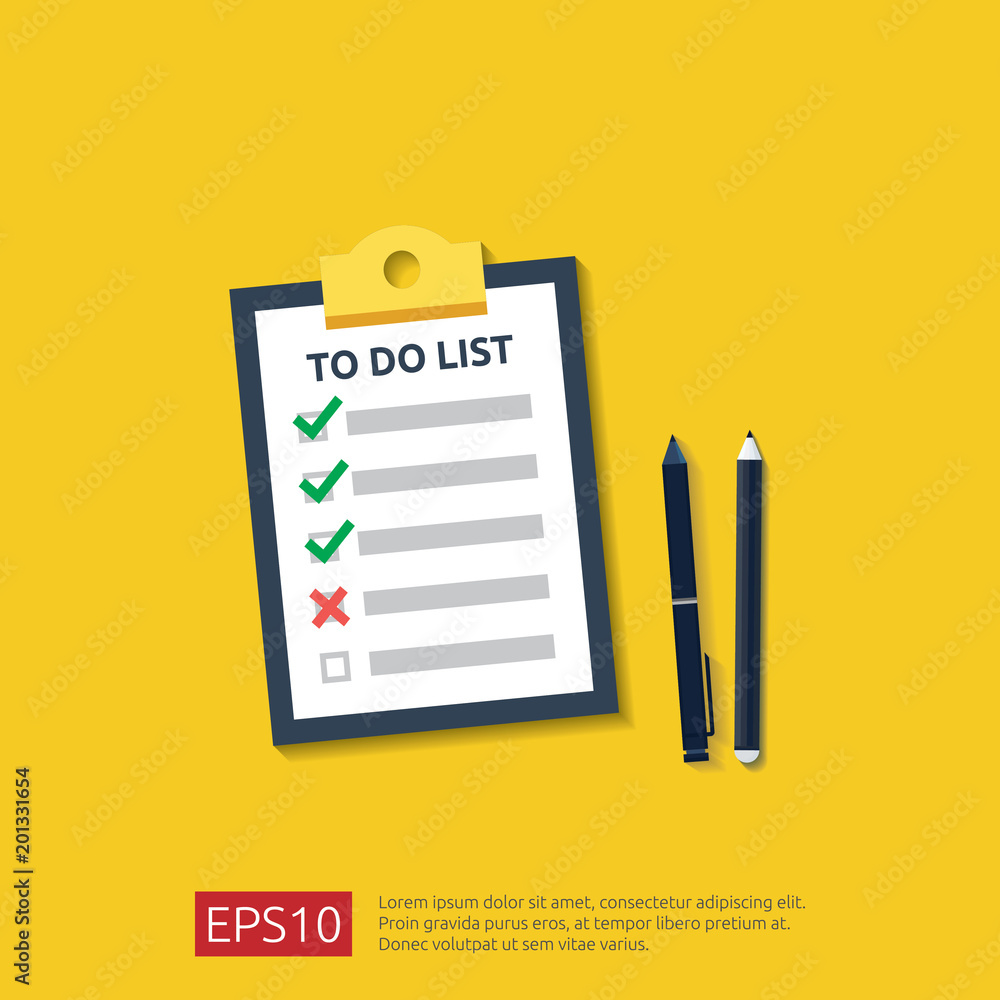 Clipboard with To do list or planning, pencil, and pen in flat style. vector illustration concept of checklist paper sheet reminder with check marks. Clipboard with To do list or planning, pencil, and pen in flat style. vector illustration concept of checklist paper sheet reminder with check marks.