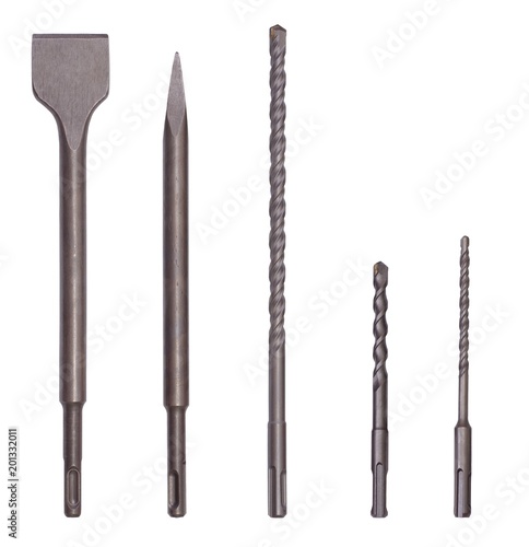 Various hammer drill bits close-up.