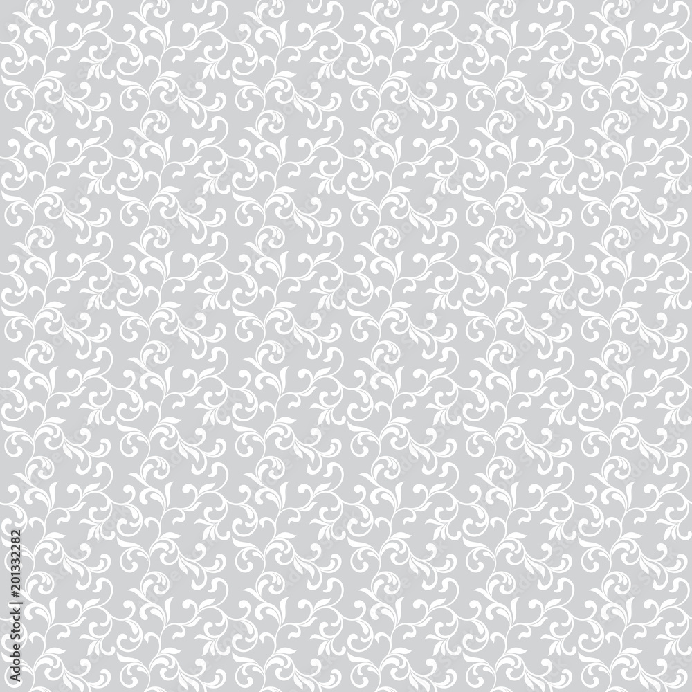 Light seamless pattern. White swirls  with foliage isolated on a gray background. Ideal for textile print and wallpapers. Vintage style.