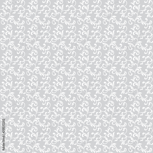 Light seamless pattern. White swirls with foliage isolated on a gray background. Ideal for textile print and wallpapers. Vintage style.