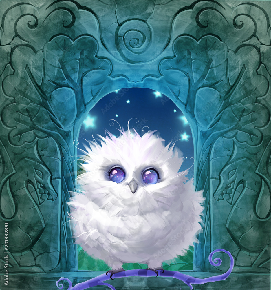Fototapeta premium Digital raster cartoon illustration of a funny fluffy white owl with cosmic eyes sitting on a curly branch on a colorful background