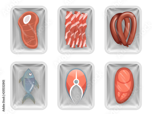 Disposable food pack meat fish sausage bacon tenderloin isolated shop package box mockup design vector illustration
