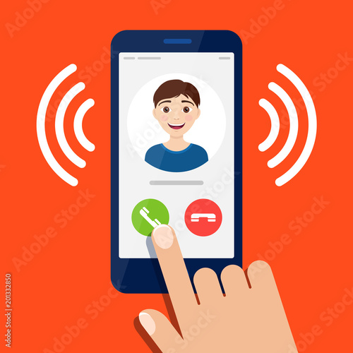 Incoming call on the smartphone, hand touching the button