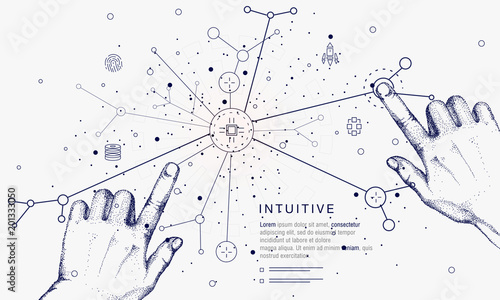 Innovations systems connecting people and robots devices. Future technologies in automatics cyborg systems and computers industry from awesome internet developments. Geometry style with linear pictogr