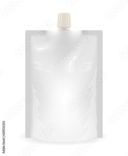 Isolated doypack liquid sealed plastic sachet food bag stand upright template 3d realistic printing surface mockup vector illustration