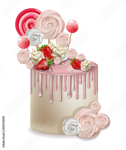 Happy Birthday pink cake Vector realistic. Lollipops and meringues on top. 3d...