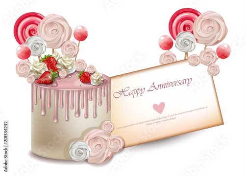Happy Birthday cake card Vector realistic. Lollipops and meringues on top. 3d...