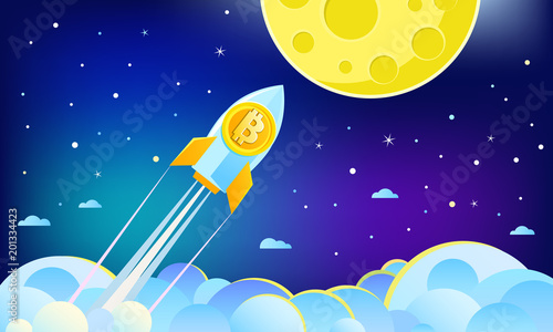 Concept of Crypto-currency. Rocket flying to the moon with bitcoin icon.
