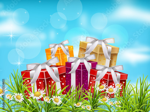 Colorful Gift boxes on blue sky background. Vector realistic 3d illustrations
