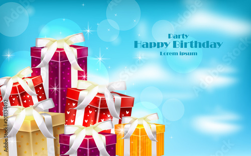 Gift boxes on blue sky background. Vector realistic 3d illustrations