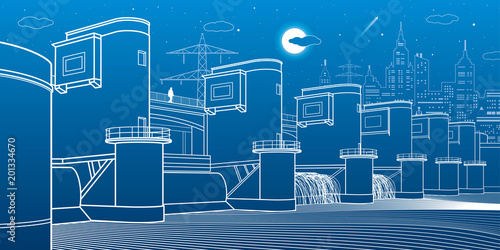 Hydro power plant. River Dam. Energy station. City infrastructure industrial illustration. White lines on blue background. Vector design art
