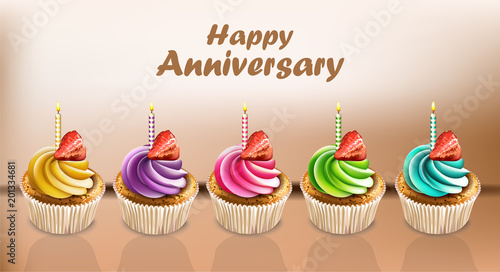Happy Anniversary Cupcakes card Vector realistic. 3d illustrations