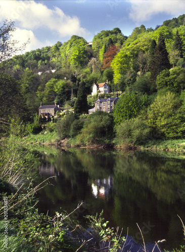 Fototapeta Naklejka Na Ścianę i Meble -  England, Herefordshire, Forest of Dean, Wye Valley, River Wye, riverside homes on hillside